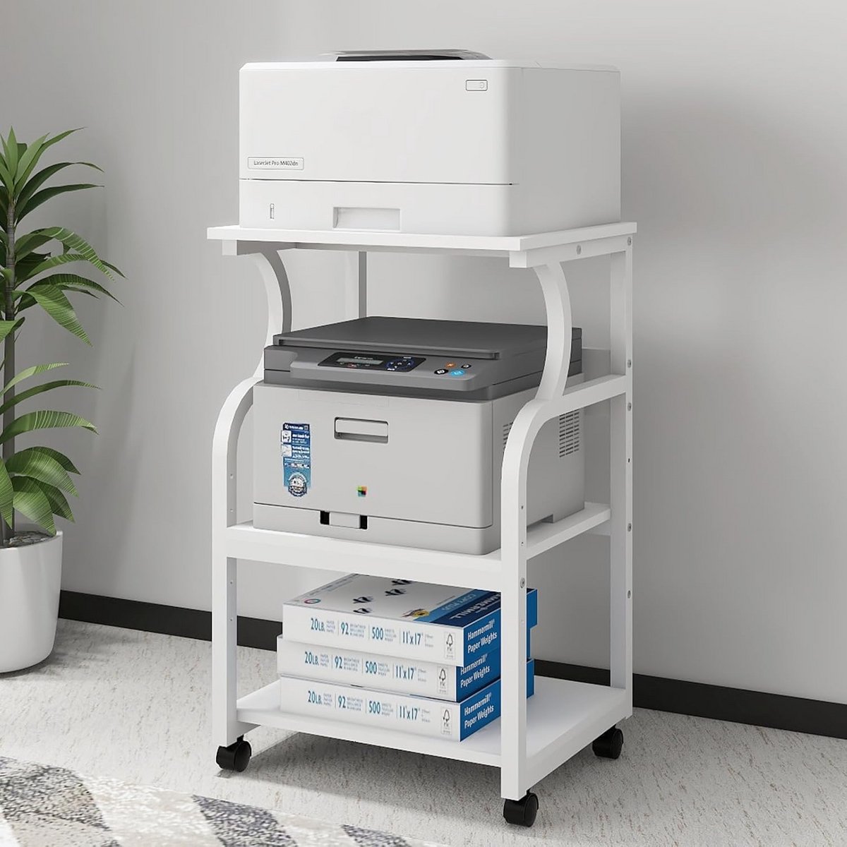 In Hoogte Verstelbare Printertafel op Wielen - Hout en Metaal - 3 Niveaus Opslagrek