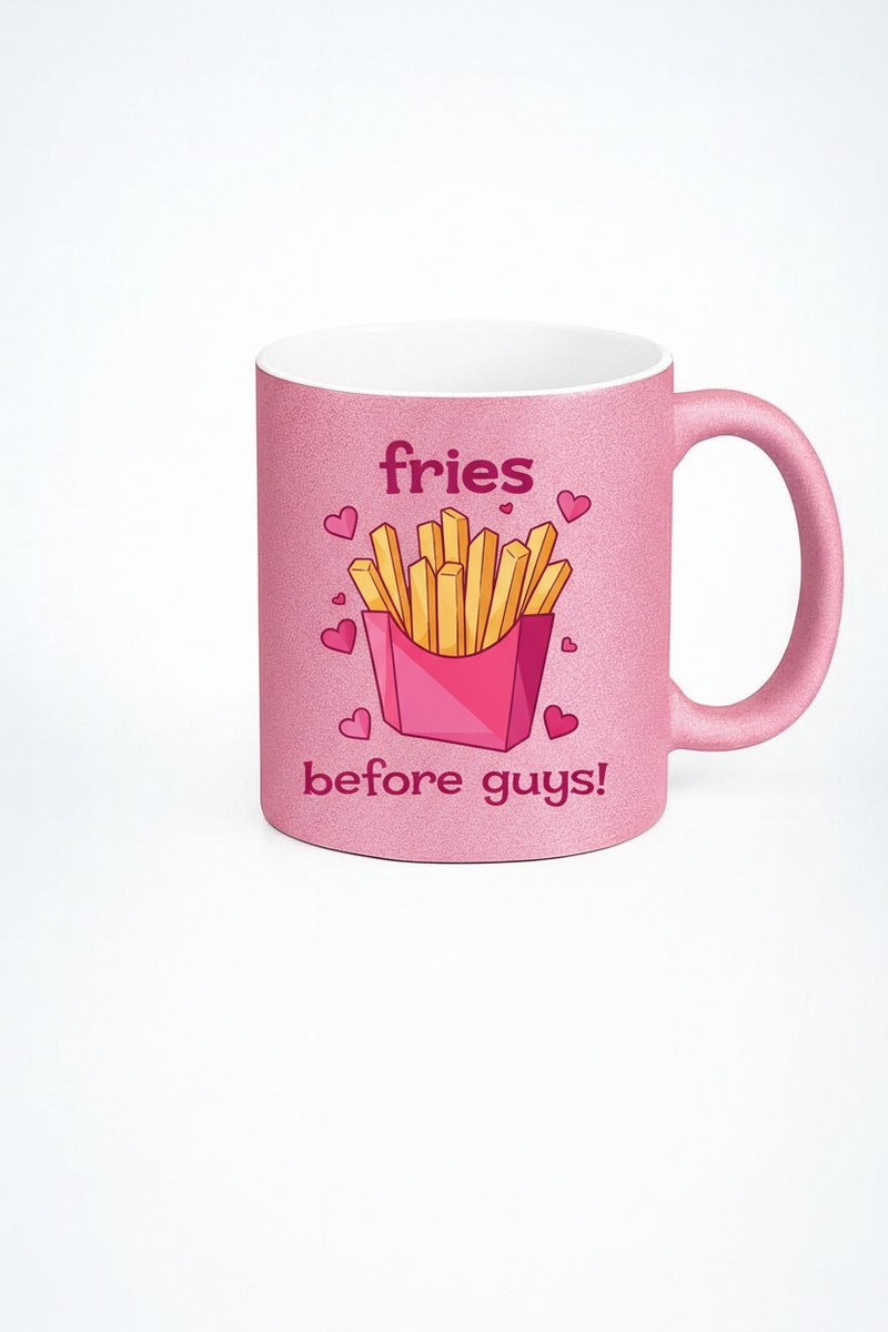Roze Glitter Mok 'Fries Before Guys' - Grappige Friet Koffiemok