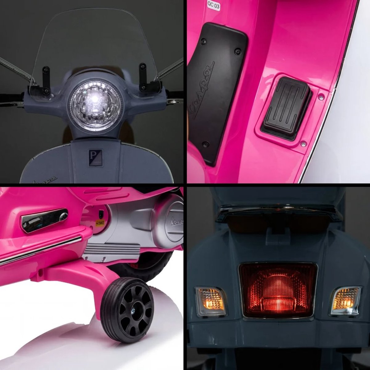 Vespa GT Full Option Elektrische Kinderscooter 3 tot 6 jaar – Officieel Gelicentieerde Kinder Vespa met Kofferbak & Verwijderbare Zijwieltjes – Li-ion Kindermotor met Kunstlederen Zitje, MP3 AUX & USB – Roze — afbeelding 3