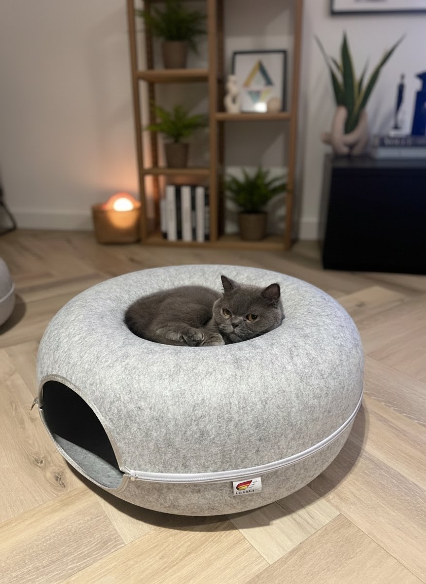 Bol.com Kattentunnel en kattenmand in 1 - Speeltunnel Kattenhuis - Donutvorm - Lichtgrijs - Maat M aanbieding