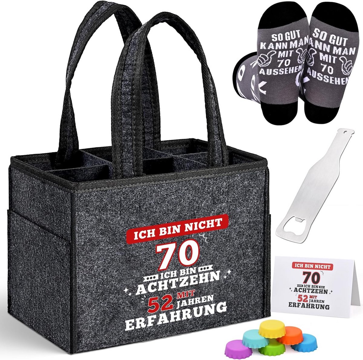 Geschenkset Bierdraagtas voor Mannen met Flessenopener en Sokken - Grijs