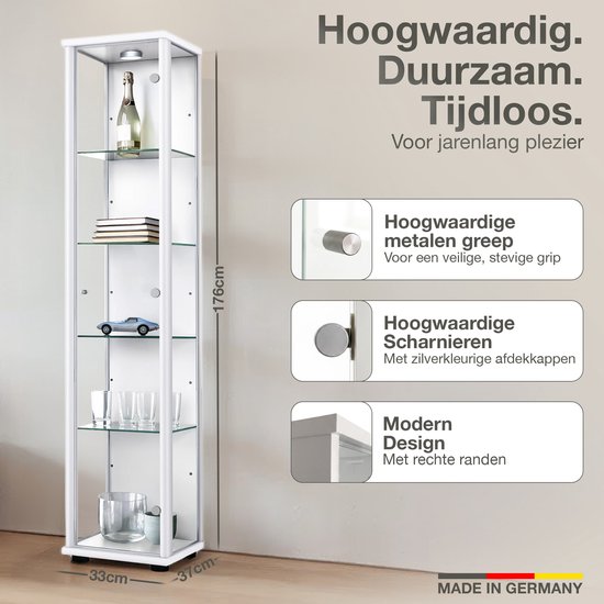 Vitrine sur pied à 1 porte, 4 étagères en verre réglables en hauteur - Éclairage LED - 176 x 37 x 33 cm - Wit