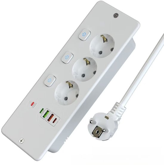 Wit bureaublad stopcontact met 3 EU-stopcontacten, 3 USB-A poorten, 1 USB-C poort en een stekker.