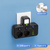 Eén naar meerdere, met schakelaar, USB-stopcontact, met USB slimme stekkerdoos, stekkerdoos, verlengsnoer, Type-C opladen, met nachtlampje, zwarte uitvoering 1