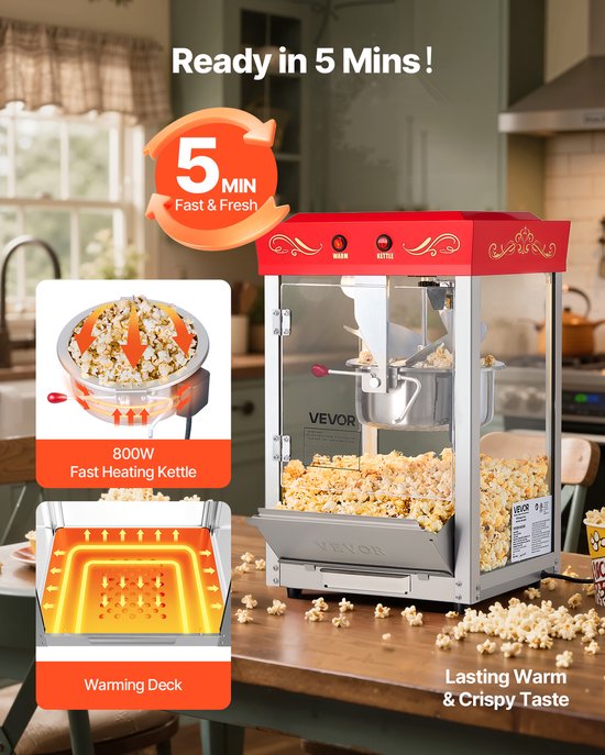 VEVOR Popcornmachine 800w Popcornmaker 48 Kopjes Lading Rood Reclame — afbeelding 5