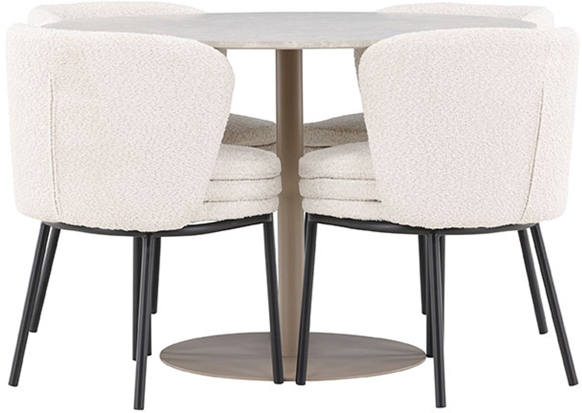 Lycke eethoek tafel Ø110cm en 4 bouclé stoelen beige.