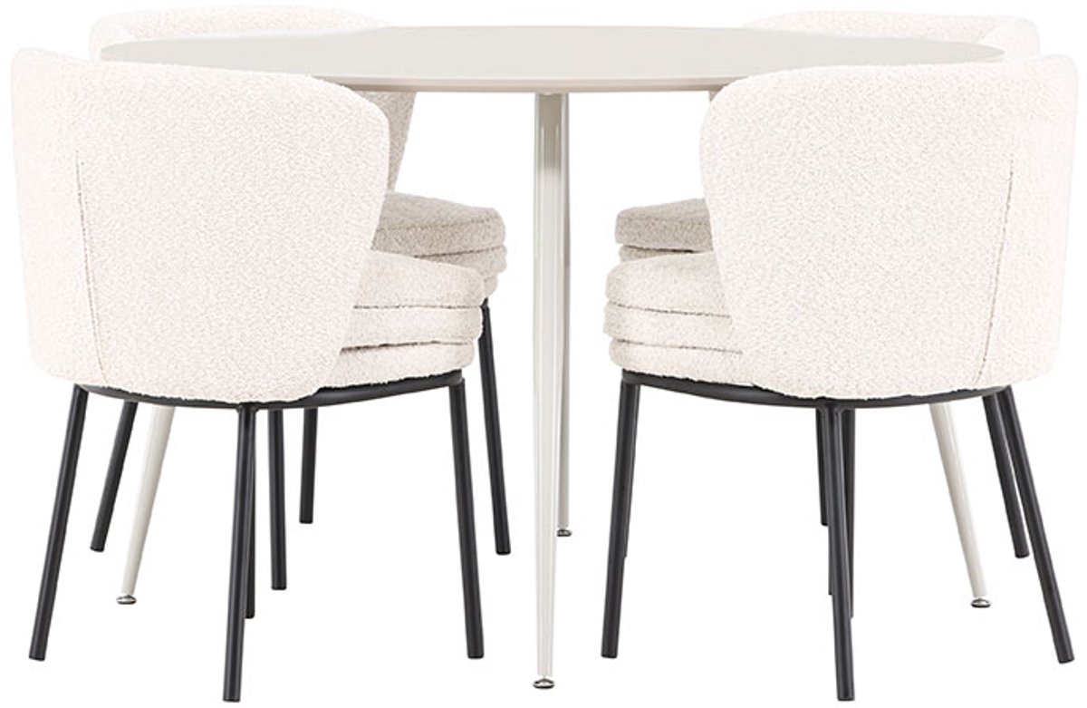 Plaza eethoek tafel Ø120cm en 4 bouclé stoelen beige.