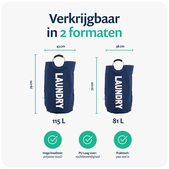 Twee maten donkerblauwe wasmanden met aluminium handgrepen. De linkse is 79 cm hoog en 115 liter, de rechtse is 72 cm hoog en 81 liter.