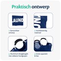 Twee donkerblauwe wasmanden met aluminium handgrepen en de tekst 'LAUNDRY'. Eén is opvouwbaar, de ander vochtbestendig.