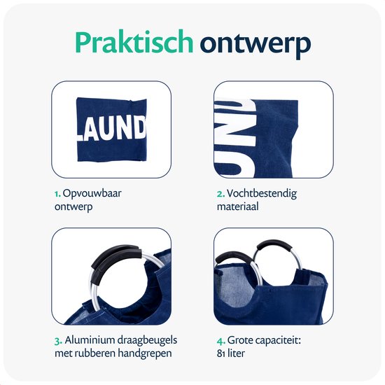 Twee donkerblauwe wasmanden met aluminium handgrepen en de tekst 'LAUNDRY'. Eén is opvouwbaar, de ander vochtbestendig.