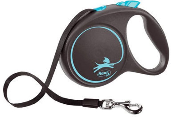 Zwarte flexi riem met blauwe accenten en een zilverkleurige clip.
