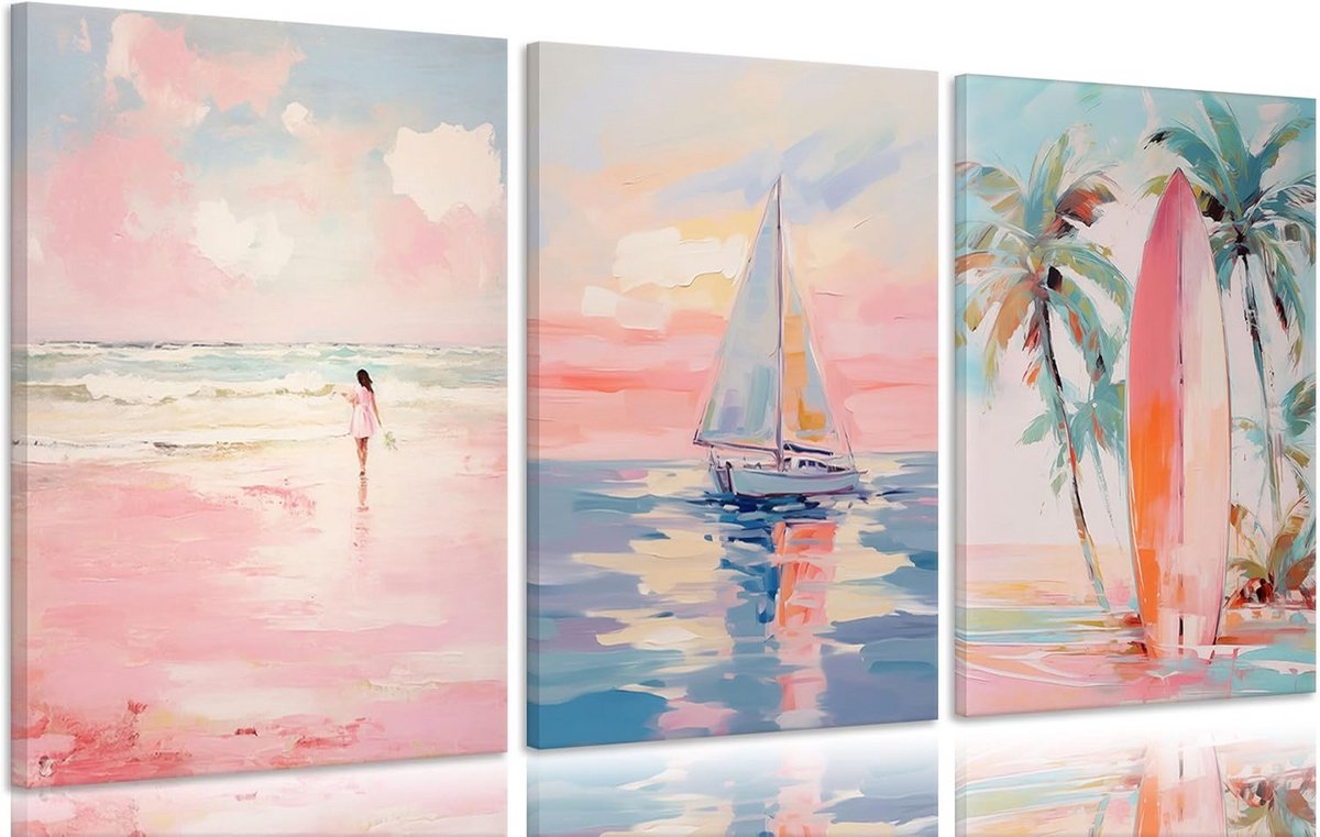 3 Delige Roze Kust Canvas Schilderij Set voor Slaapkamer Kinderkamer Trendy Strand Decoratie