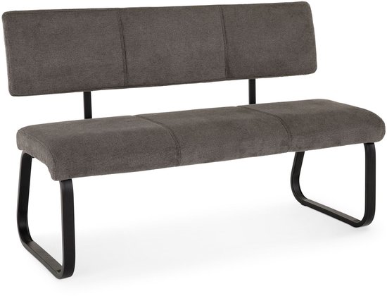 Eetkamerbank VILAS, donkergrijs gestoffeerd met een stoffen bekleding en zwarte metalen poten.