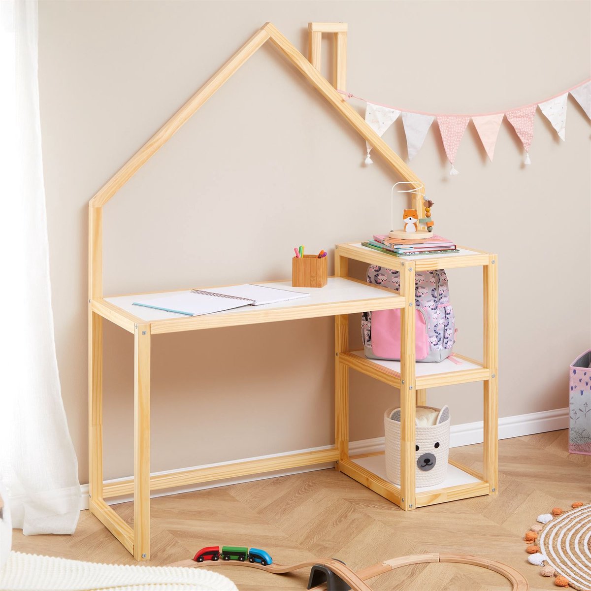 Kinderbureau NIVIA huisvorm naturel/wit met opbergruimte gemaakt van massief grenen. Stevig, duurzaam, perfect voor kinderkamers. Montessori-meubilair, ideaal voor huiswerk of knutselen. - Hoofdafbeelding