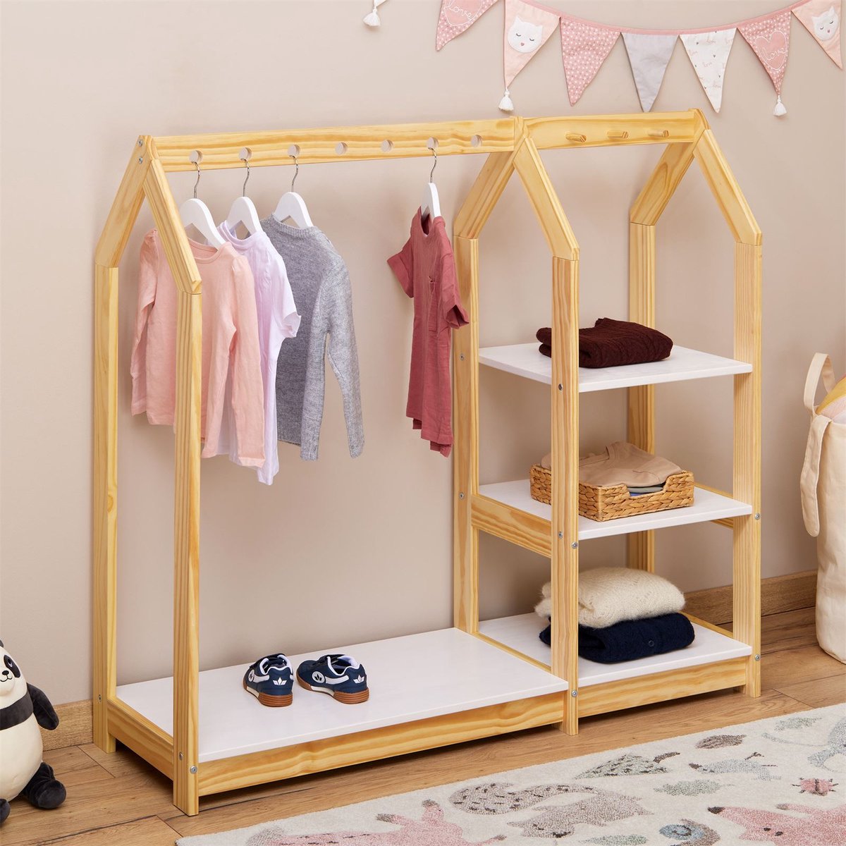 Kinderkapstok SALLY huisvorm naturel/wit Open garderobe van grenen met 7 gaten voor kleerhangers, 4 planken, 3 haken - staande kapstok, kapstok voor kinderkamer - hoofdfoto