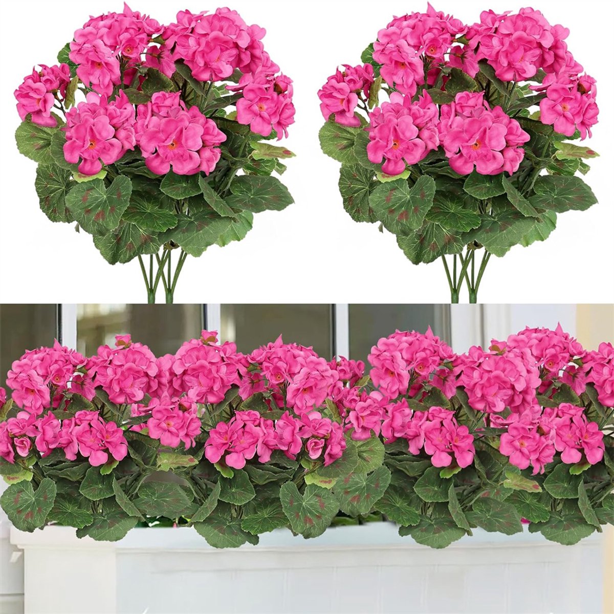4 stuks kunstmatige geraniumbloemen, UV-bestendige kunstbloemen voor buiten, Realistische kunstgeraniums in een boeket voor huis, tuin, bruiloft, binnen- en buitendecoratie, Rozerood