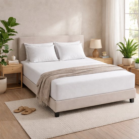 Een opgemaakt wit bed met twee witte kussens, een beige plaid en twee planten in een slaapkamer.
