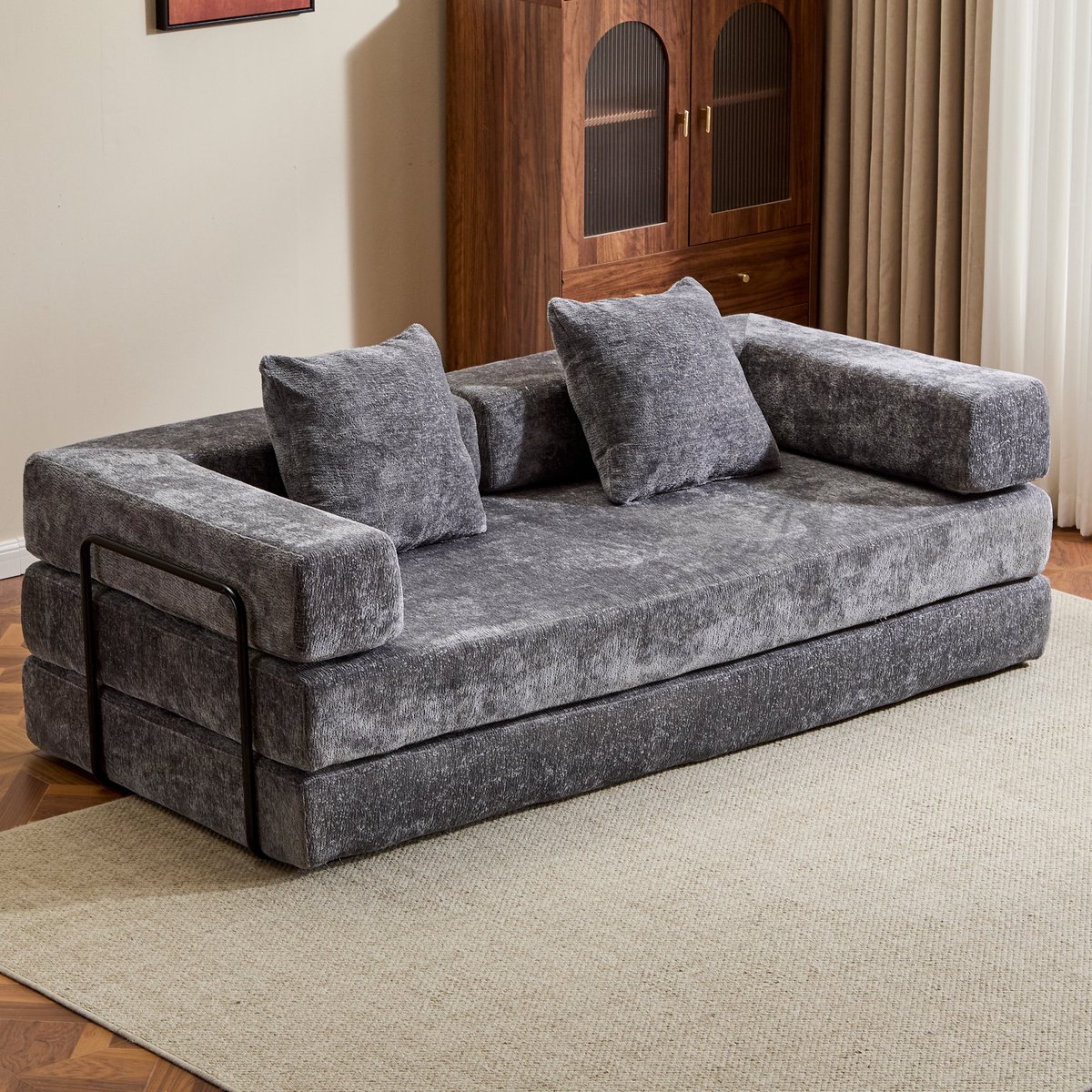 Vankel Multifunctionele Chenille Slaapbank – Slaapbank met Vast Frame – Opvouwbaar, Met 2 Kussens en Armleuningen – Comfortabel 4-in-1 Ontwerp – Voor 2 Personen – Bank, Lounger, Logeerbed – Geschikt voor Appartementen of Kleine Ruimtes - Donkergrijs