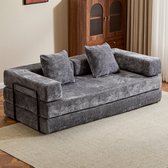 Multifunctionele Chenille Slaapbank – Slaapbank met Vast Frame – Opvouwbaar, Met 2 Kussens en Armleuningen – Comfortabel 4-in-1 Ontwerp – Voor 2 Personen – Bank, Lounger, Logeerbed – Geschikt voor Appartementen of Kleine Ruimtes - Donkergrijs