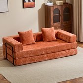 Multifunctionele Chenille Slaapbank – Slaapbank met Vast Frame – Opvouwbaar, Met 2 Kussens en Armleuningen – Comfortabel 4-in-1 Ontwerp – Voor 2 Personen – Bank, Lounger, Logeerbed – Geschikt voor Appartementen of Kleine Ruimtes - Oranje