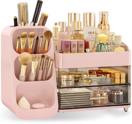 D' Lor Make-up Organizer – Luxe Cosmetica Opberger met Lades & Compartimenten – Voor Badkamer en Make-up Tafel - Voor Make-up, Skincare, Parfum en Penselen – Roze