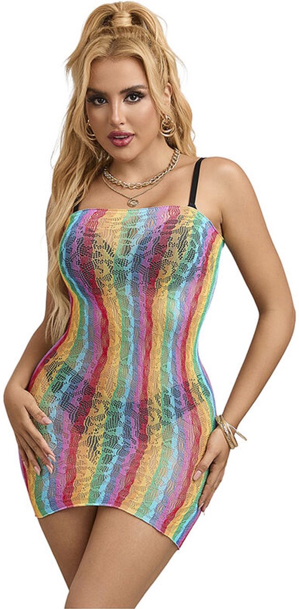 Subblime - 952457 Rainbow Off Shoulder Sleeveless Fishnet Dress One Size