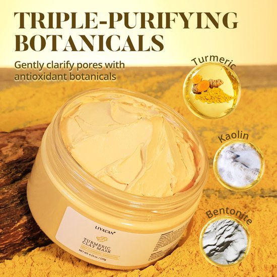 Gele pot met "Triple-Purifying Botanicals" Turmeric Clay Mask, met kurkuma, kaolien en bentoniet. Kurkumapoeder op de achtergrond.