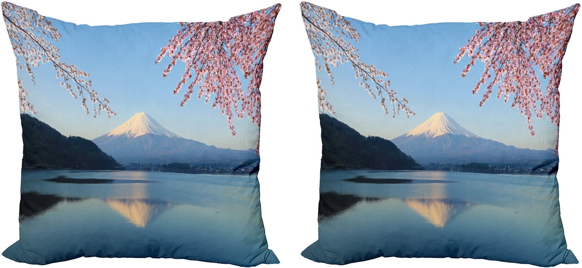 ABAKUHAUS Decoratieve kussenhoes met bergmotief, 2 stuks, Japans berg- en sakura-design, 40x40 cm, meerkleurig
