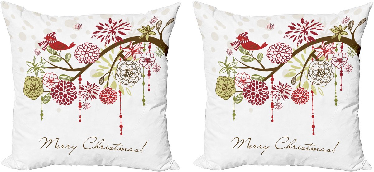 ABAKUHAUS Kerstkussenhoez set van 2, Rode Vogel Bloemen Boom, 45x45 cm, Groen Wit