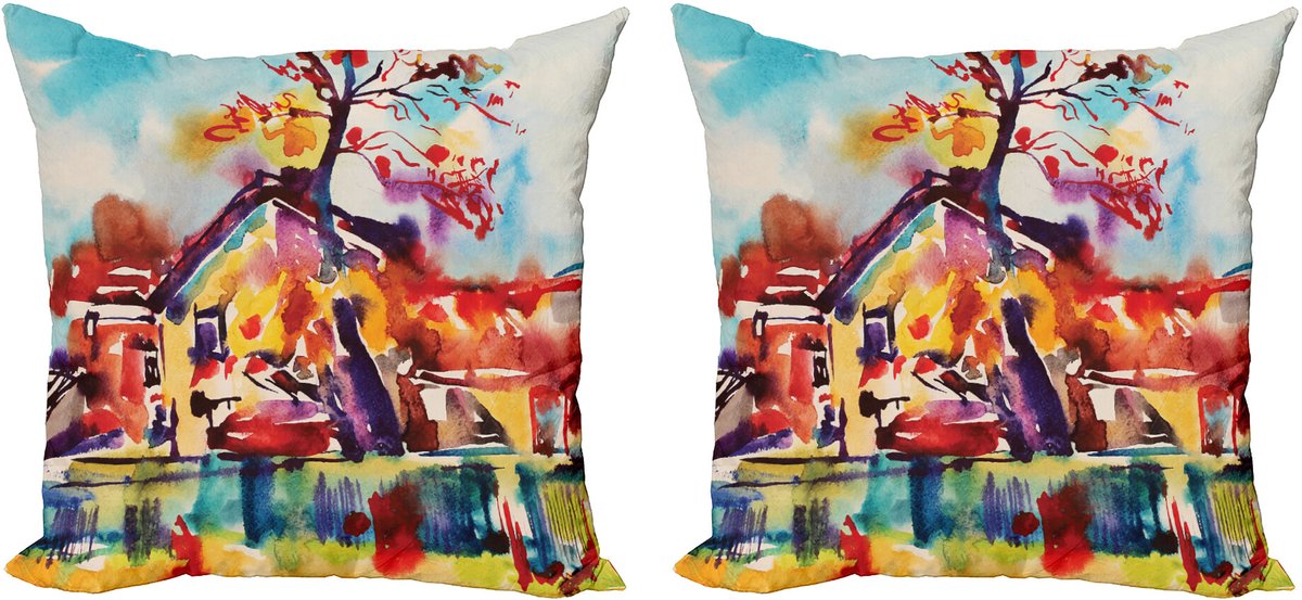 ABAKUHAUS decoratieve kussenhoez 2-pack, abstract landelijk dorp, 50x50 cm, meerkleurig
