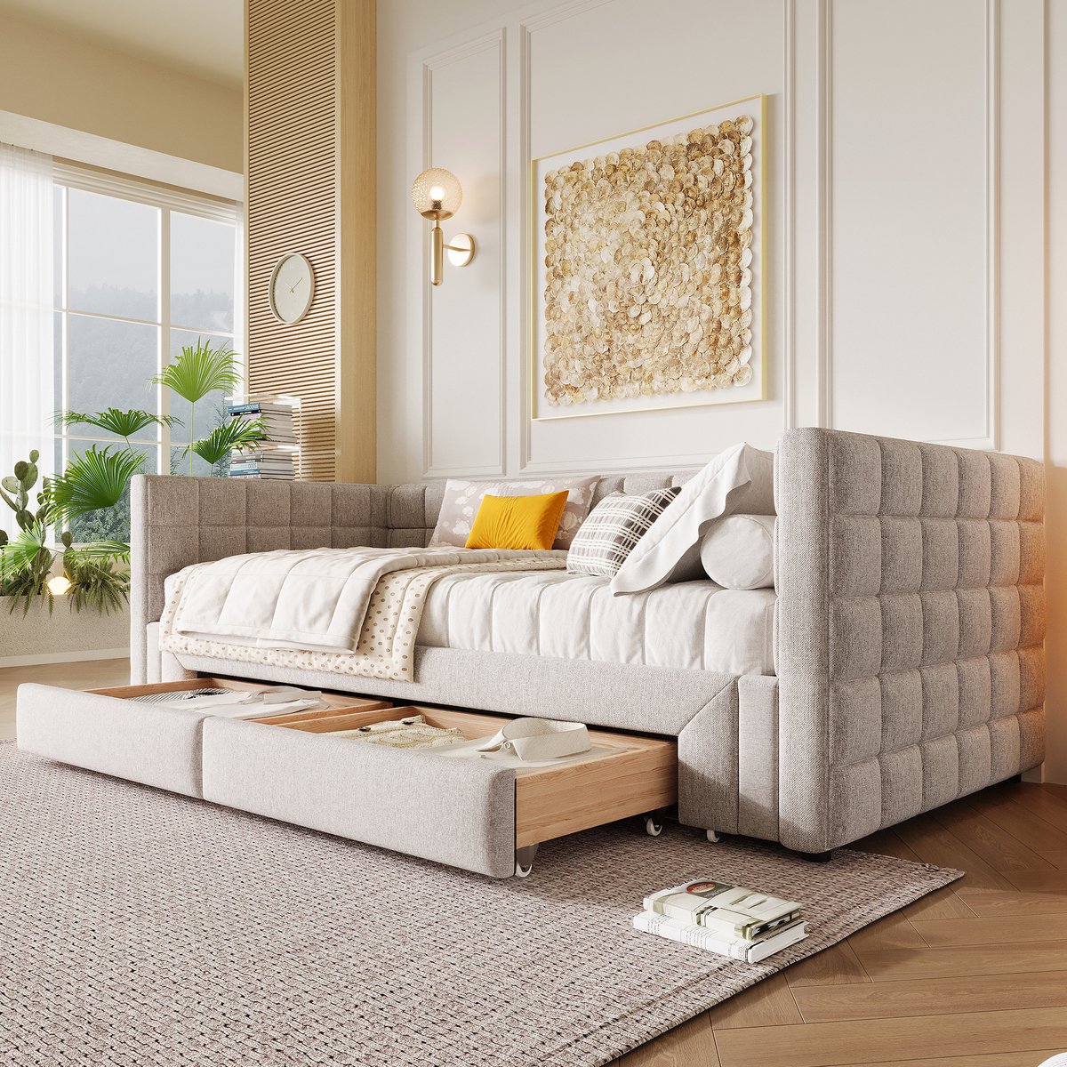 Wishdor Daybed – Uitschuifbare Slaapbank – 90 x 200 cm – Vierkante Rugleuning met Patroon – Fluweel Beige – Inclusief 2 Opberglades – Ruimtebesparend voor Woonkamer of Logeerkamer – Stevig MDF Frame