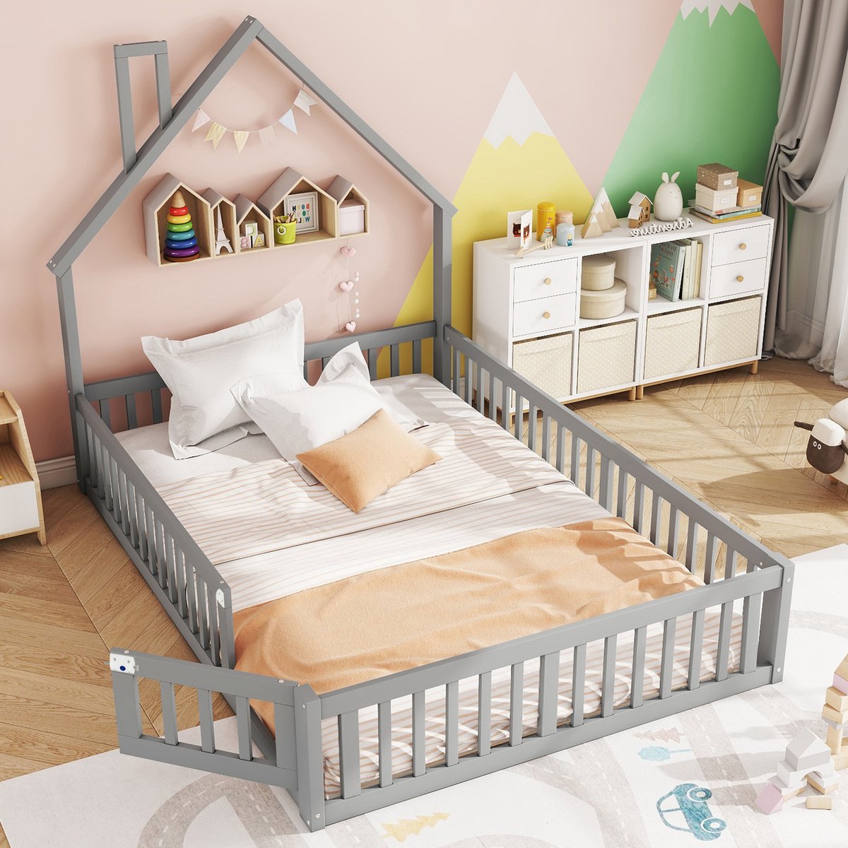 Wishdor Kinderbed 140x190 cm – Schoorsteenontwerp & Veiligheidshek – Grenenhout/MDF Grijs 