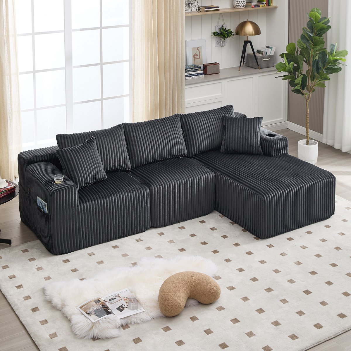 FloraGrace Modulaire Hoekbank Chaise Longue En 2 Zits – Met Bekerhouders En Zijvakken – Voor Woonkamer – Corduroy – Grijs