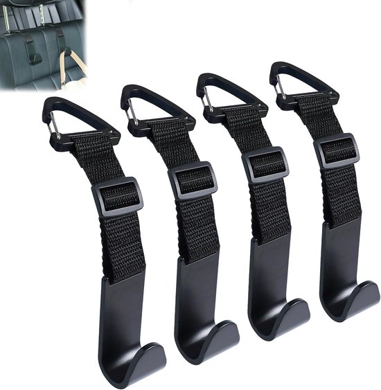 4 stuks verstelbare auto hoofdsteun haken - zitje achterkant organizer opslag hanger houder voor portemonnee - tassen - universeel passend met clip - Zwart