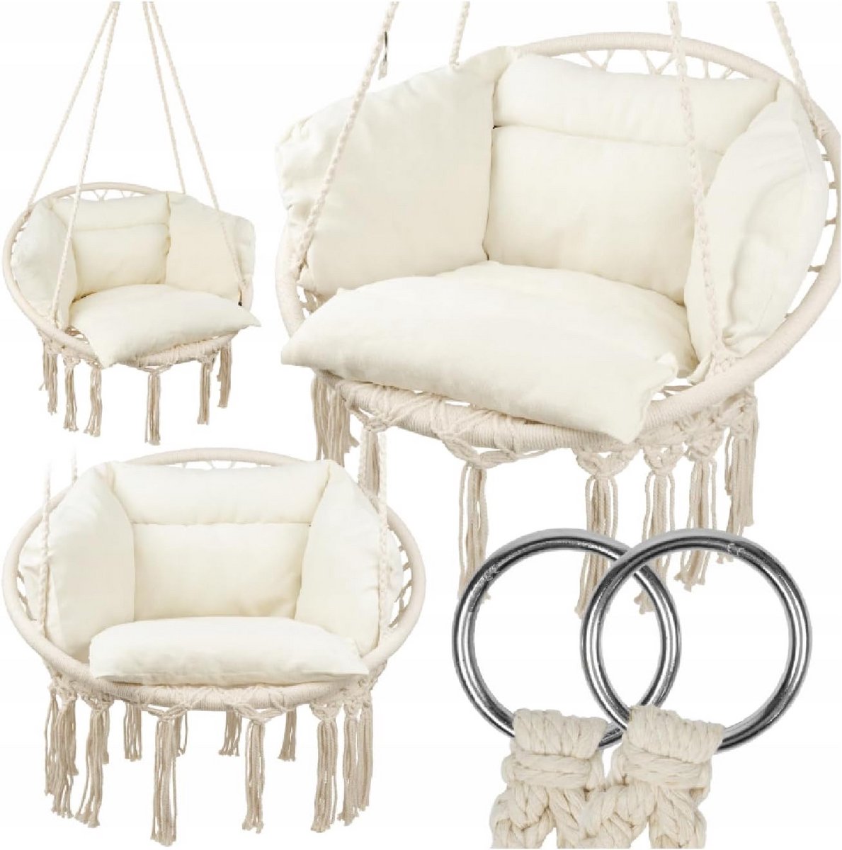 Boho Hangstoel Beige met Groot Kussen - Katoen Touw - 150 kg Draagkracht - Binnen & Buiten