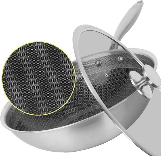 Maison & Kitchen Wokpan Ø28 cm - PFAS vrij - Inductie, Elektrisch, Keramisch & Gas - RVS Honingraat Anti Aanbak pan - Keramische Coating