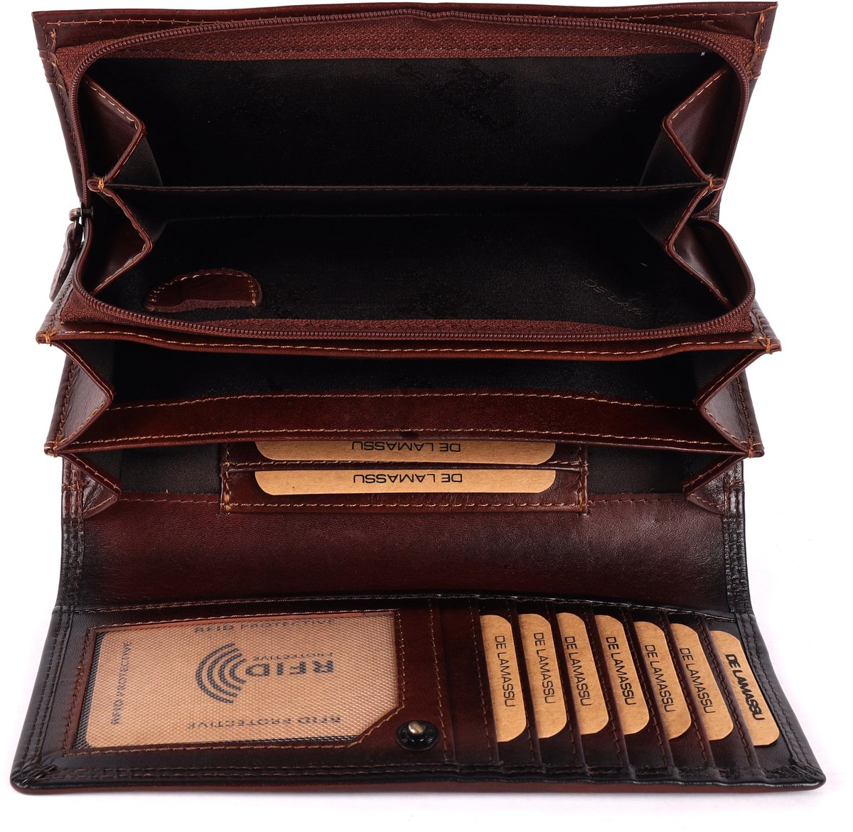 DE LAMASSU® (Orla) damesportemonnee van echt leer – RFID-bescherming, 22 kaartvakken, muntvak, biljetvak, SIM-kaartvak, vintage design, geschenkverpakking – 19 × 9,5 cm