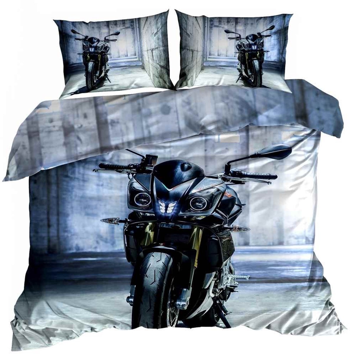 Luxe 3D Dekbedovertrekset - Katoen Satijn - 160x200 cm - Inclusief 2 Kussenslopen 70x80 cm - Design: Sportmotor in Garage - Racing Style - Blauw/Wit