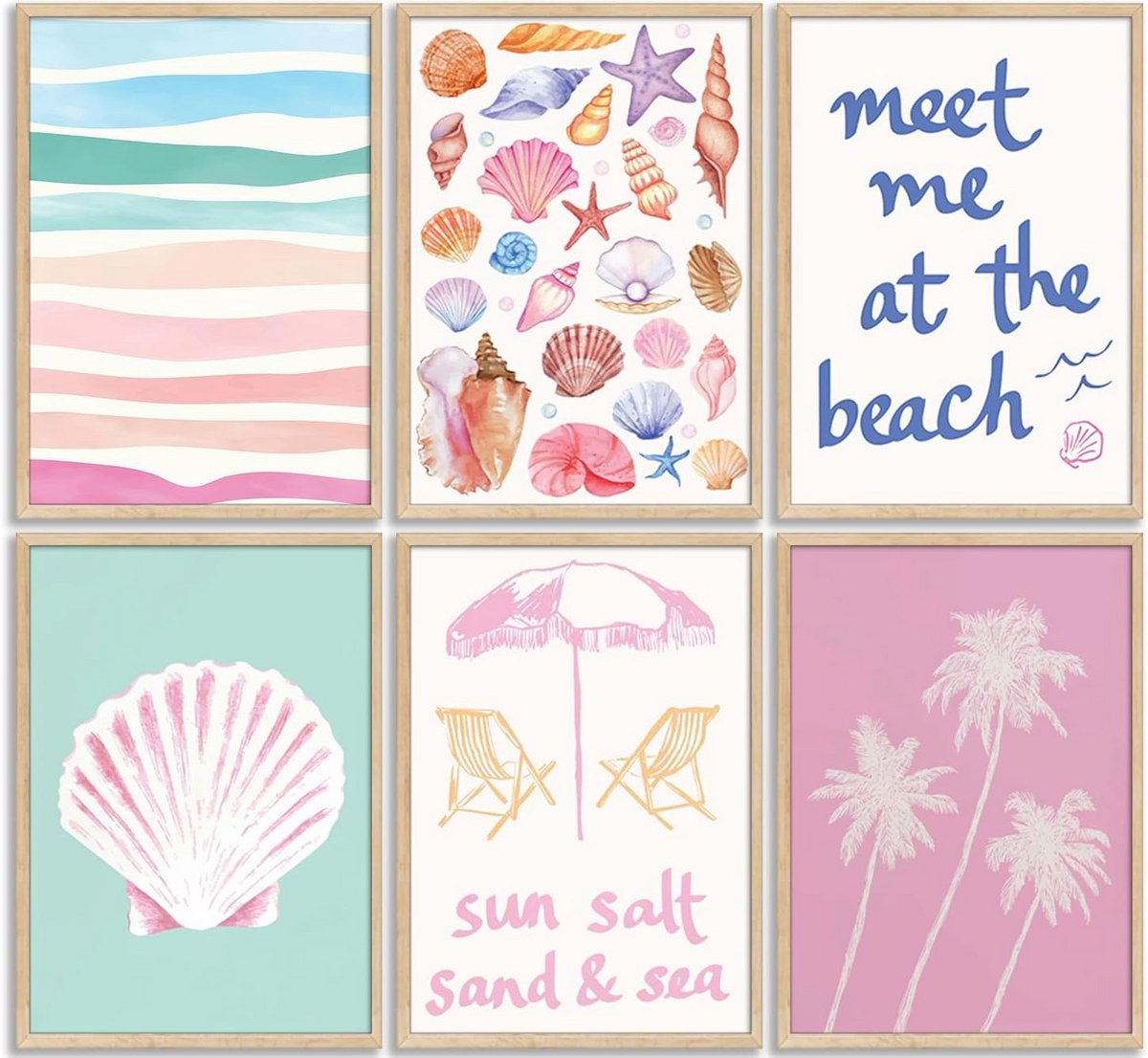6x Roze Preppy Kustlijn Muurkunst Set - Strand & Zee Thema Posters voor Meisjeskamer