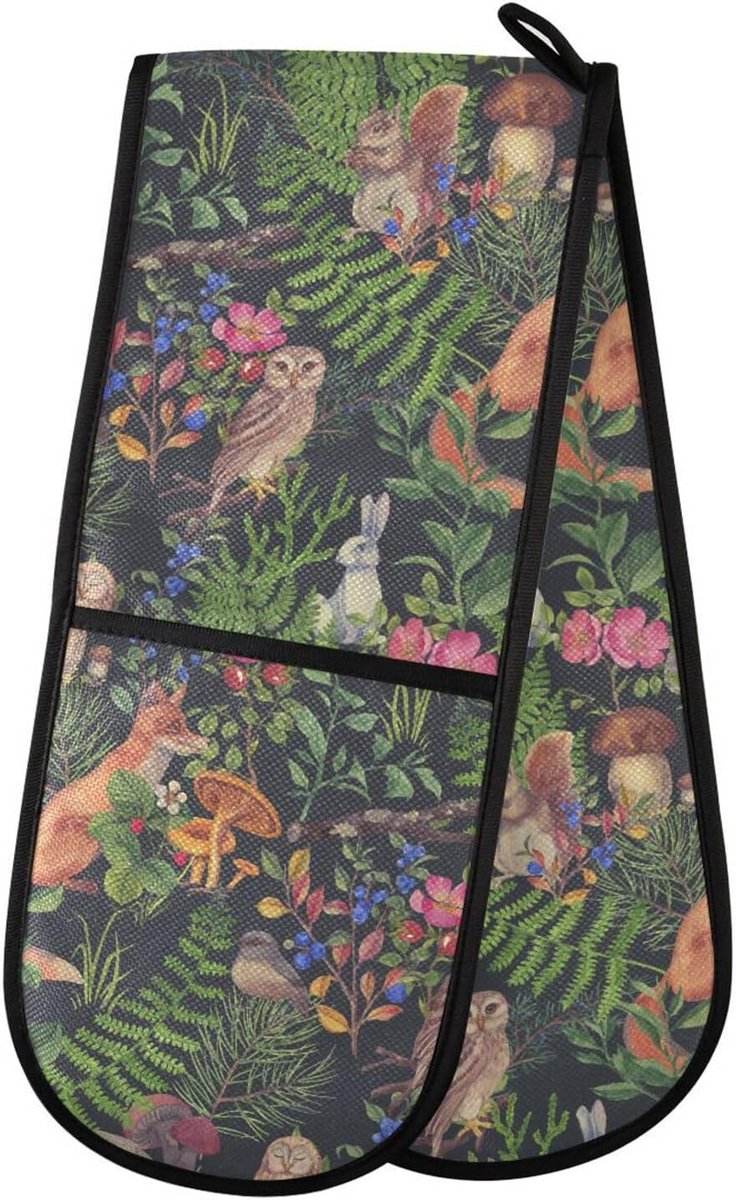 Hittebestendige Dubbele Ovenwanten met Aquarel Bosdieren Print voor BBQ en Bakken