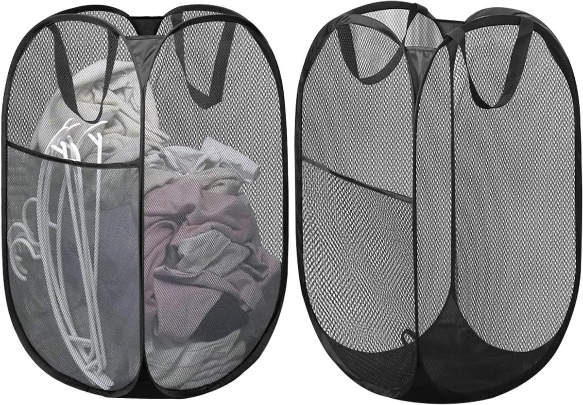 Pop-up wasmanden set van 2 - Opvouwbare wasmand van mesh - Draagbaar en opvouwbaar - Ideaal voor kinderkamer, studentenhuis en reizen - Zwart - 36 x 36 x 60 cm.