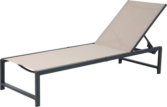 Antracietkleurig ligbed met een lichtbruin textileen liggedeelte, op witte achtergrond.