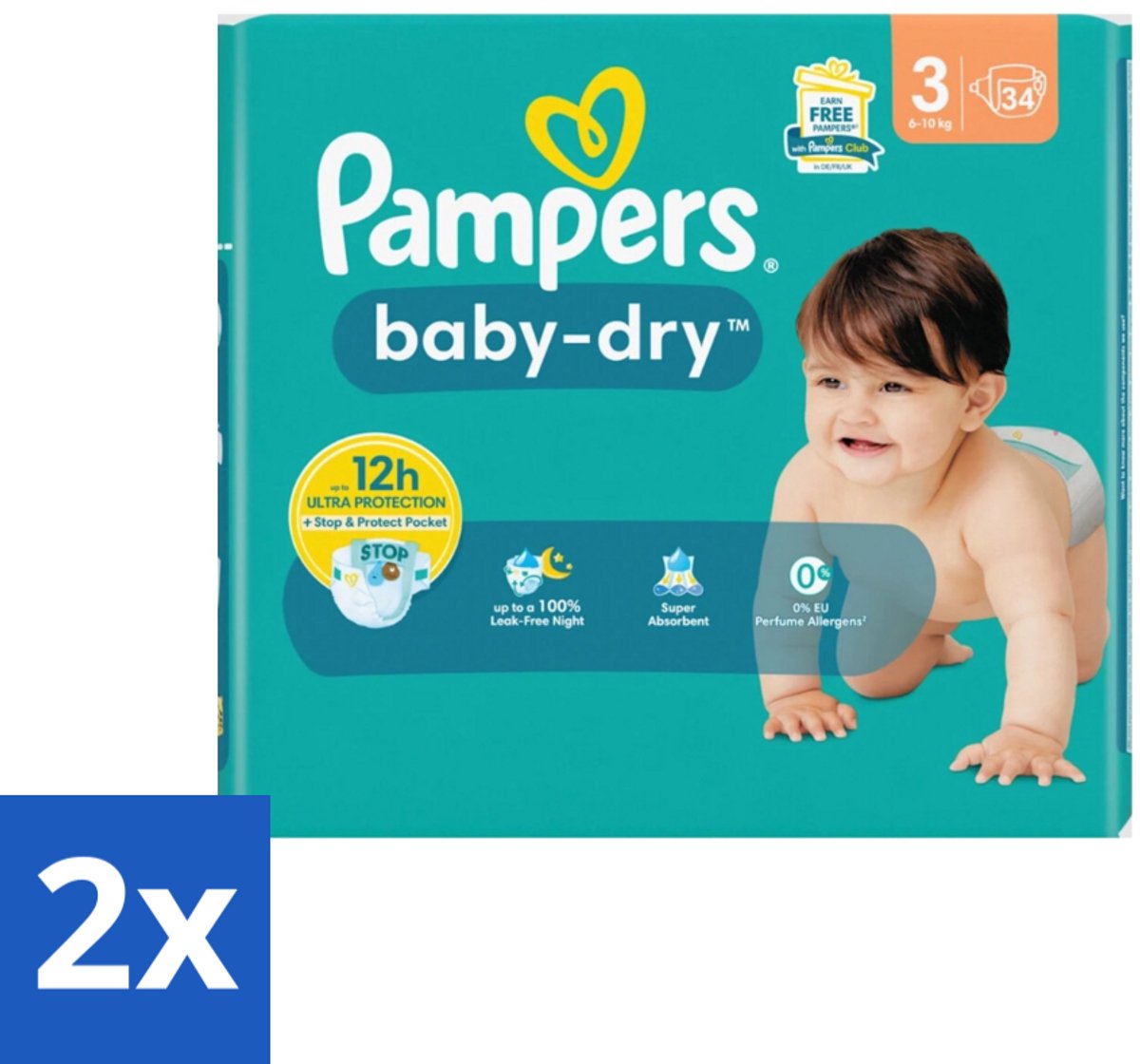 2 x Pampers – Luiers – Baby-Dry Maat 3 (6-10 kg) – 34 Luiers - Babyluier - Babydouche - Droge Luier - Luier Voor Baby - Luier 3 Kg