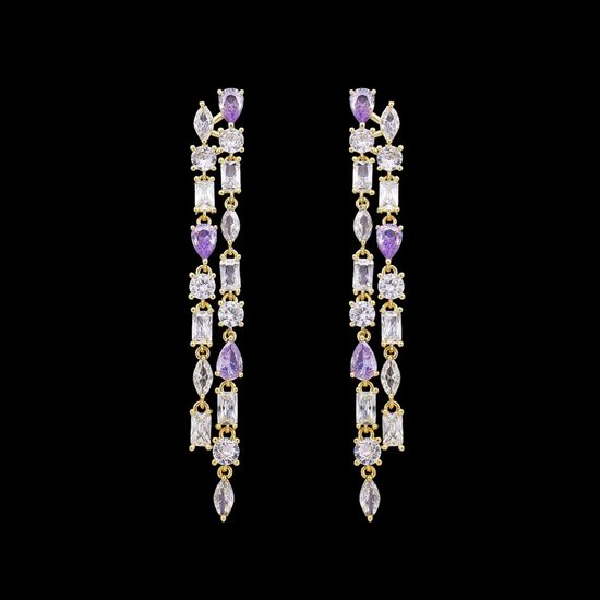 Victoria Valenza Longues boucles d'oreilles couleur or avec pierres zirconias violettes et blanches - Boucles d'oreilles femme - Pierres zirconias - Boucles d'oreilles couleur or