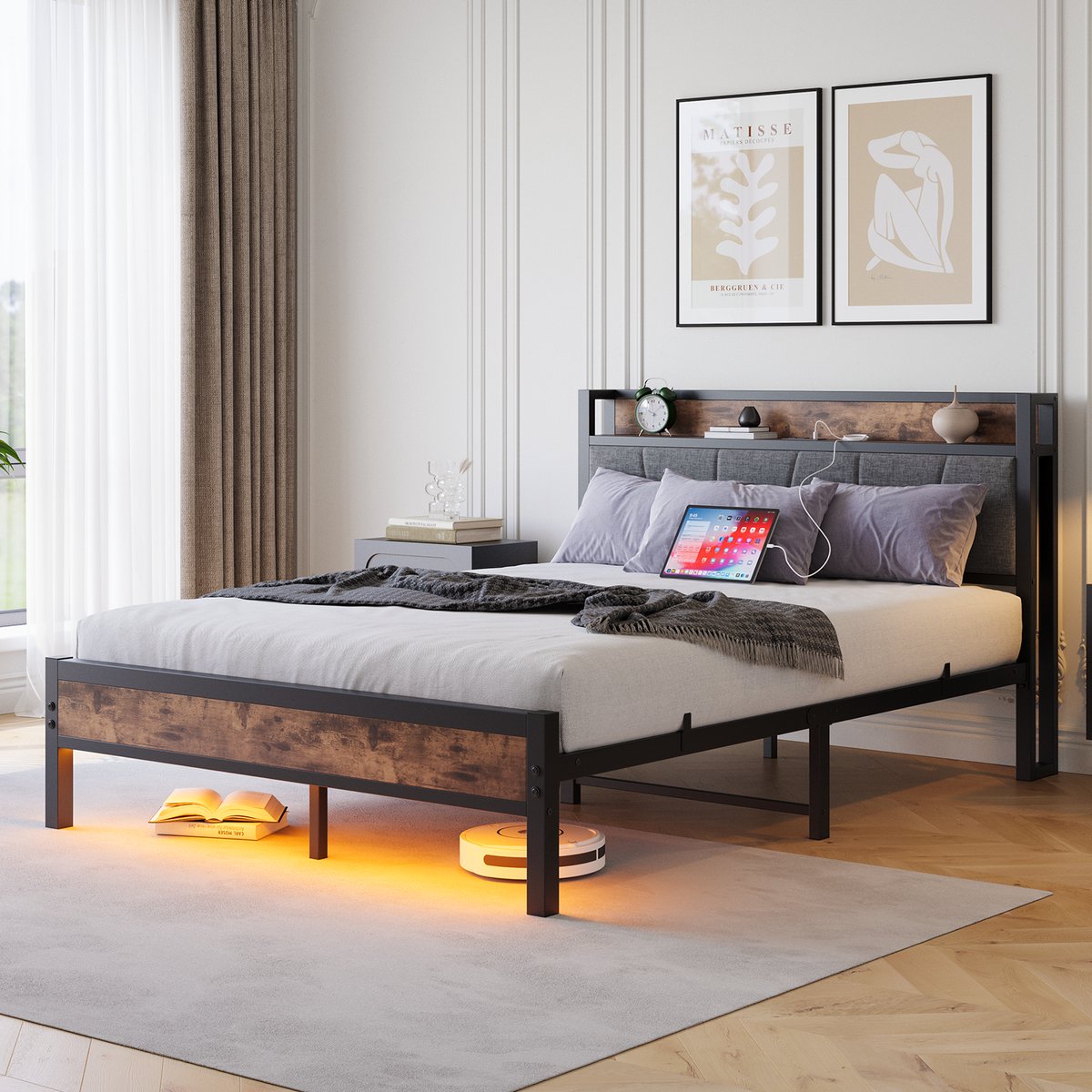 Wishdor Metalen Bedframe 140x200 cm – LED via App – Hoofdbord met Opbergvak en USB/Stopcontact – MDF en Metaal – Antiekbruin