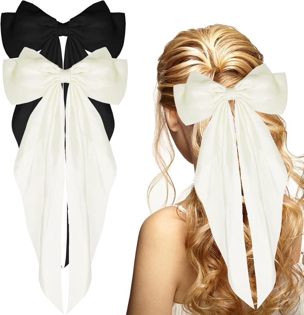 2x Grote Strik Haarspeld Set - Zachte Satijnen Haarclip voor Dames en Meisjes (Zwart & Wit)
