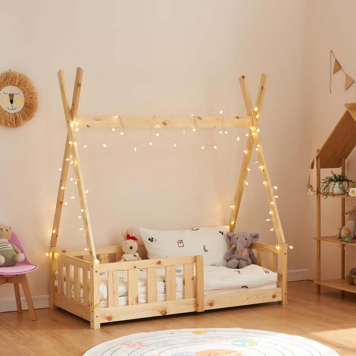Kinderbed Tipi 70x140 cm met Lattenbodem en Valbeveiliging Grenen Hout