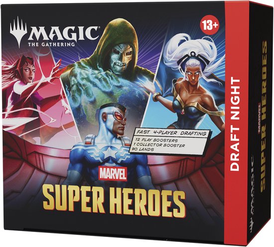Doos met Magic: The Gathering - Marvel Super Heroes Draft Night. Met afbeeldingen van Scarlet Witch, Doctor Doom, Storm en Captain America. "Draft Night" logo.