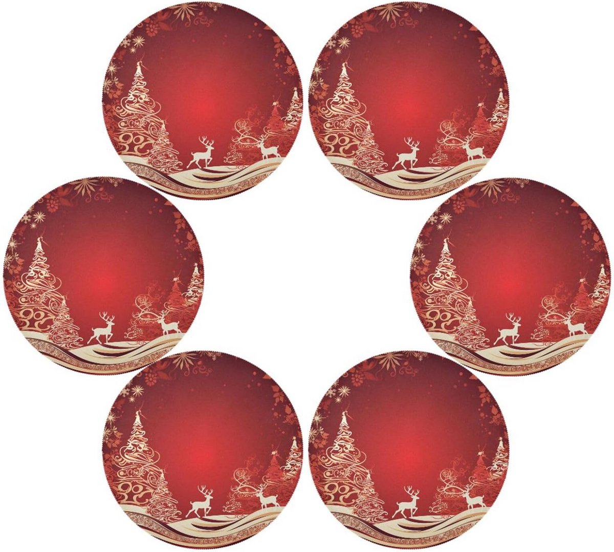 Set van 6 Ronde Kerst Placemats Rood - Wasbare Tafelmatten met Feestelijk Patroon