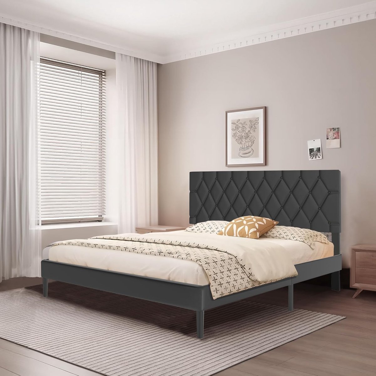 NAIZY Bedframe 140 x 200 cm Bedframeset Inclusief Metalen Frame, Lederen Hoofdeinde en Houten Lattenbodem Gestoffeerd Bed Met 17 cm Hoge Opbergruimte Onder Het Bed Voor Slaapkamer of Logeerkamer (Zwart) NAIZY